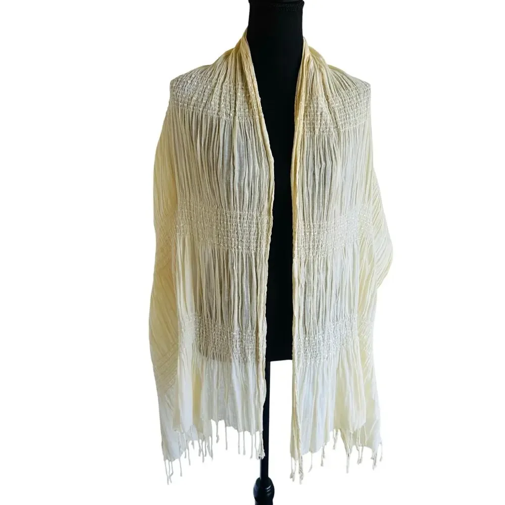 Ivory Crinkle Smocked Shawl Wrap | Fringed Textured Scarf